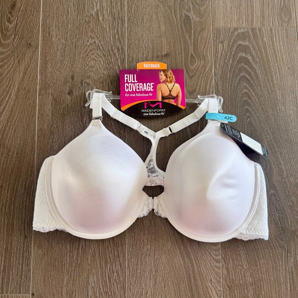 Maidenform One Fab Fit Everyday Full Coverage Racerback Bra White Lace Satin 42C